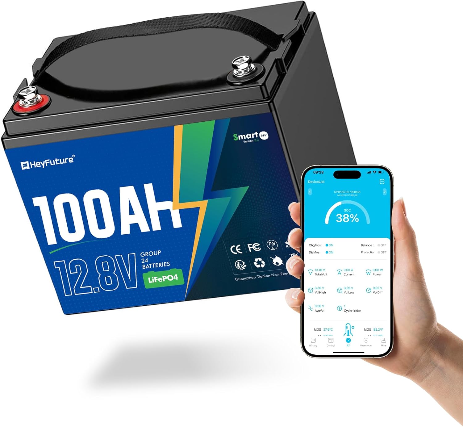 12V100Ah Bluetooth LiFePO4 Battery, Deep Cycle Lithium Battery,15000 Charging Cycles, Lightweight Compact, Perfect