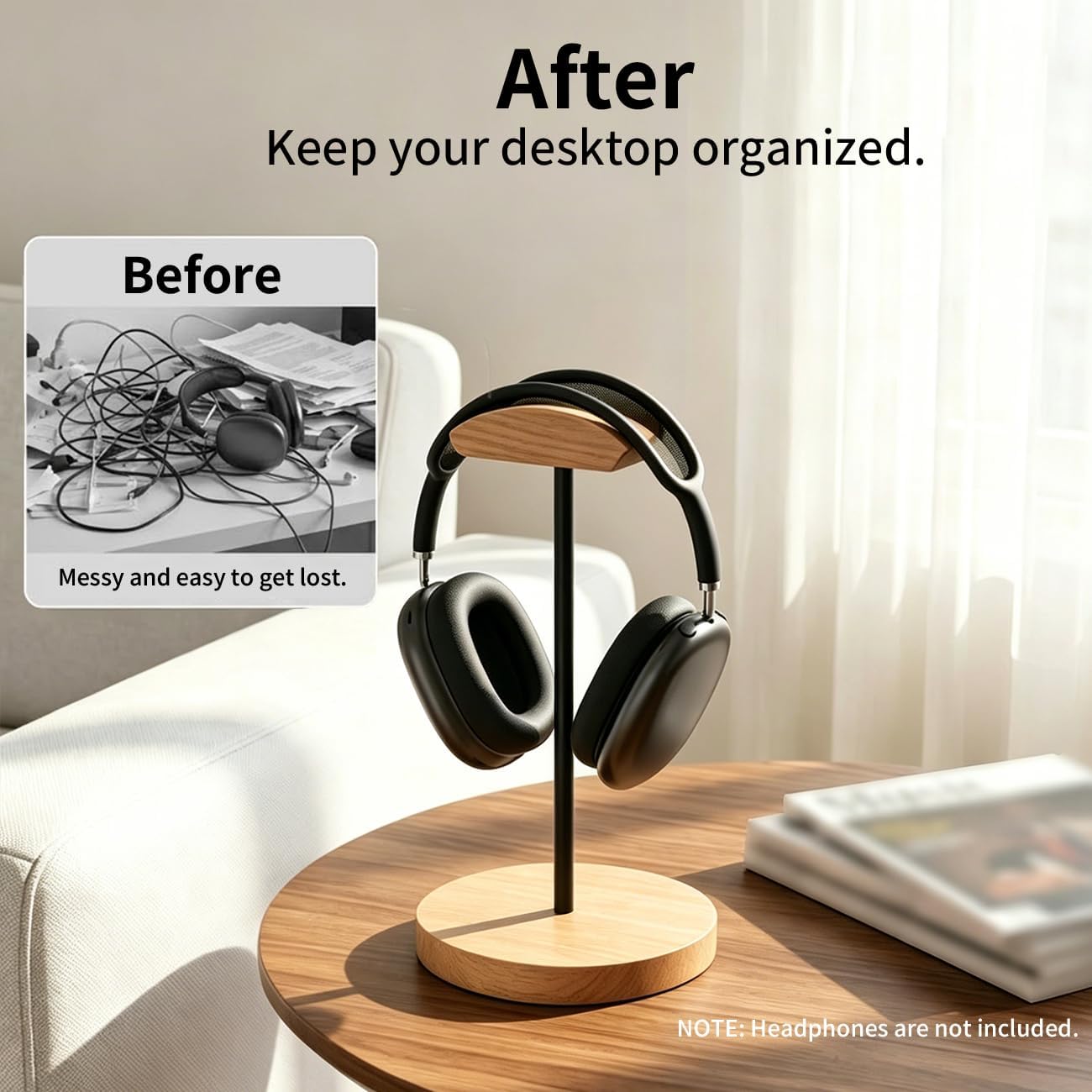 Headphone Stand Nature Wood & Metal Headset Hanger Mount Hook Gaming Holder Desktop Earphone Artful Functional
