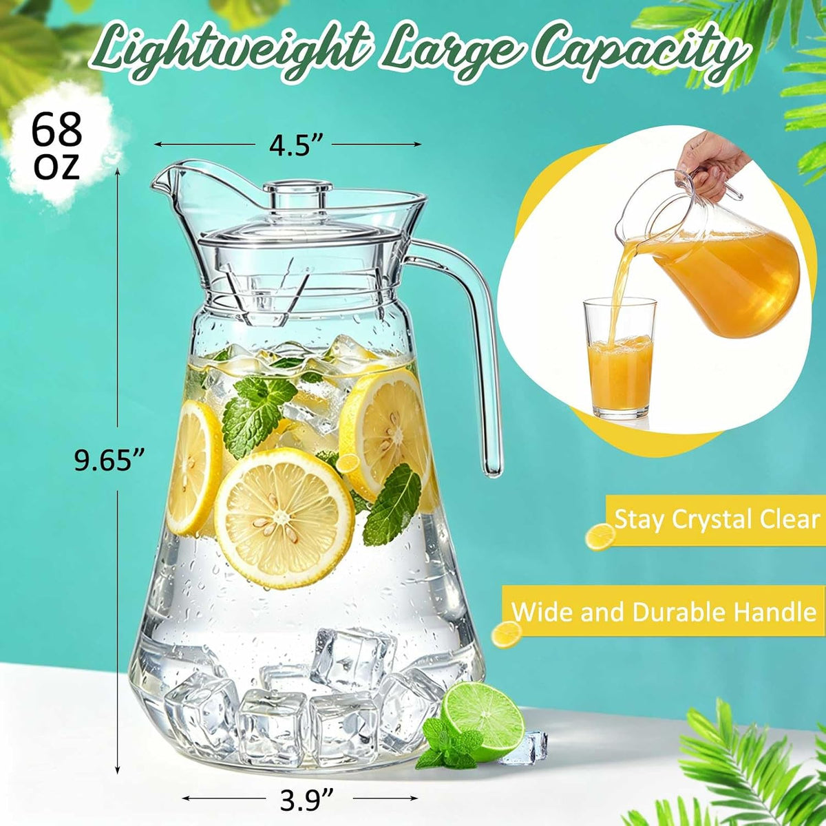 Tessco 6 Pcs Plastic Pitchers 60 Oz Clear Water Beer Jug Large,Modern