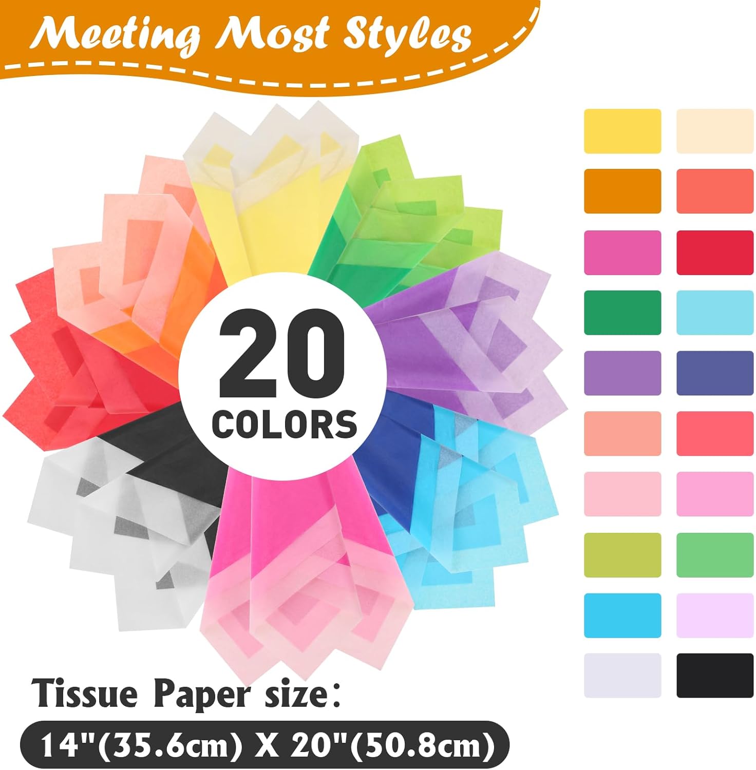 200 Sheets Tissue Paper, 20 Colors 14" X 20" Tissue Papers for Gift Bags Birthday Party Flower Decoration, Colored
