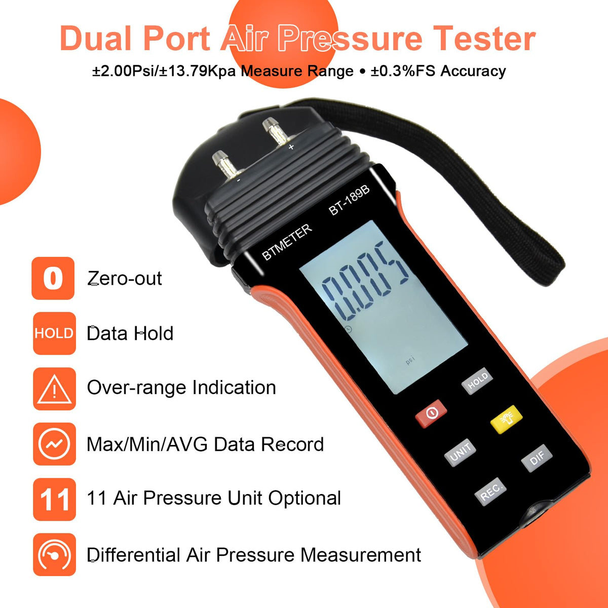 BTMETER Hot Wire Anemometer Dual Port Manometer Kit - 12 Selectable Units