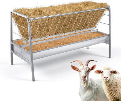 Livestock Hay Feeder, 2 in 1 Grain & Hay Feeder, 80-Gallon Capacity, 57.9" Long Goat Pasture Feeding with Deeper
