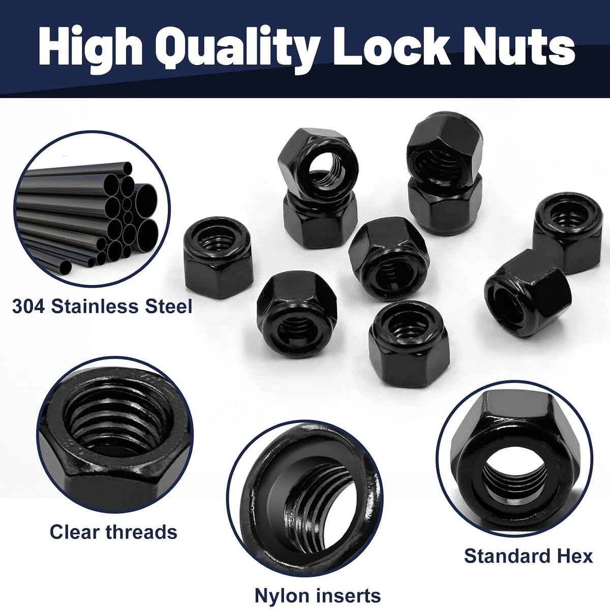 ZQZ 5/16-18 Stainless Steel Nylon Lock Nuts,50Pcs Nylock Insert Nut Black304