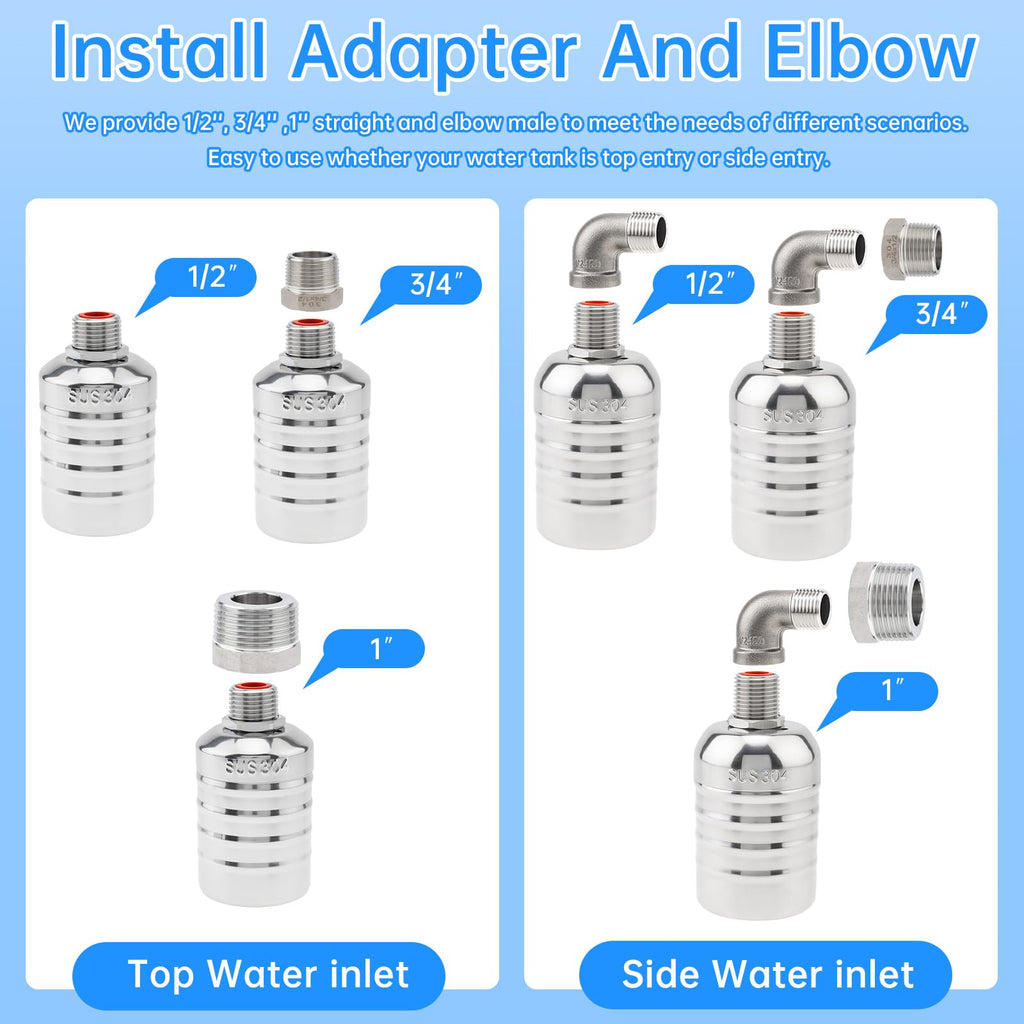 Float Valve Automatic Level Control Water Valve with 1/2" 3/4" 1" Adapters