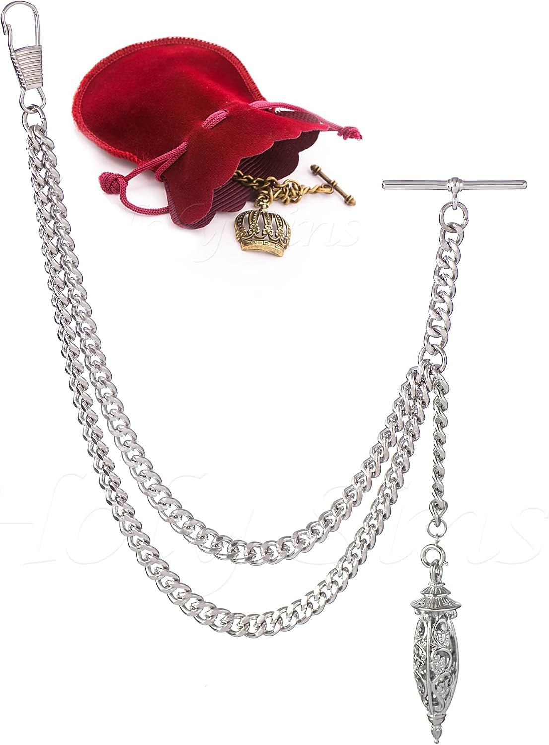 Handmade in the UK Silver Colour Single Albert Pocket Watch Chain With Hollow Pendant