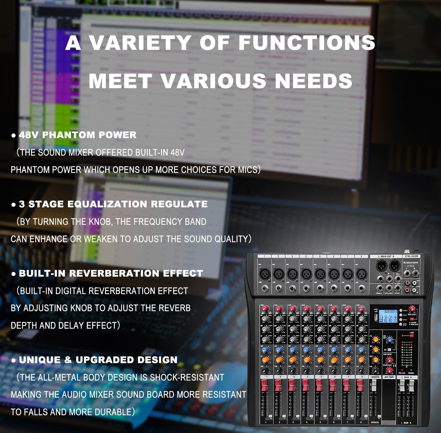 8 Channel Professional Audio Mixer Console Sound Board with 48V Phantom Power,USB Audio Interface for Live