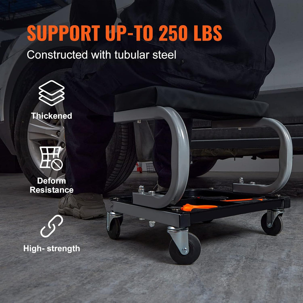 Rolling Creeper Garage/Shop Seat, 250 LBS Capacity Padded Rolling Workshop Stool with Tool Tray Storage, Mechanic