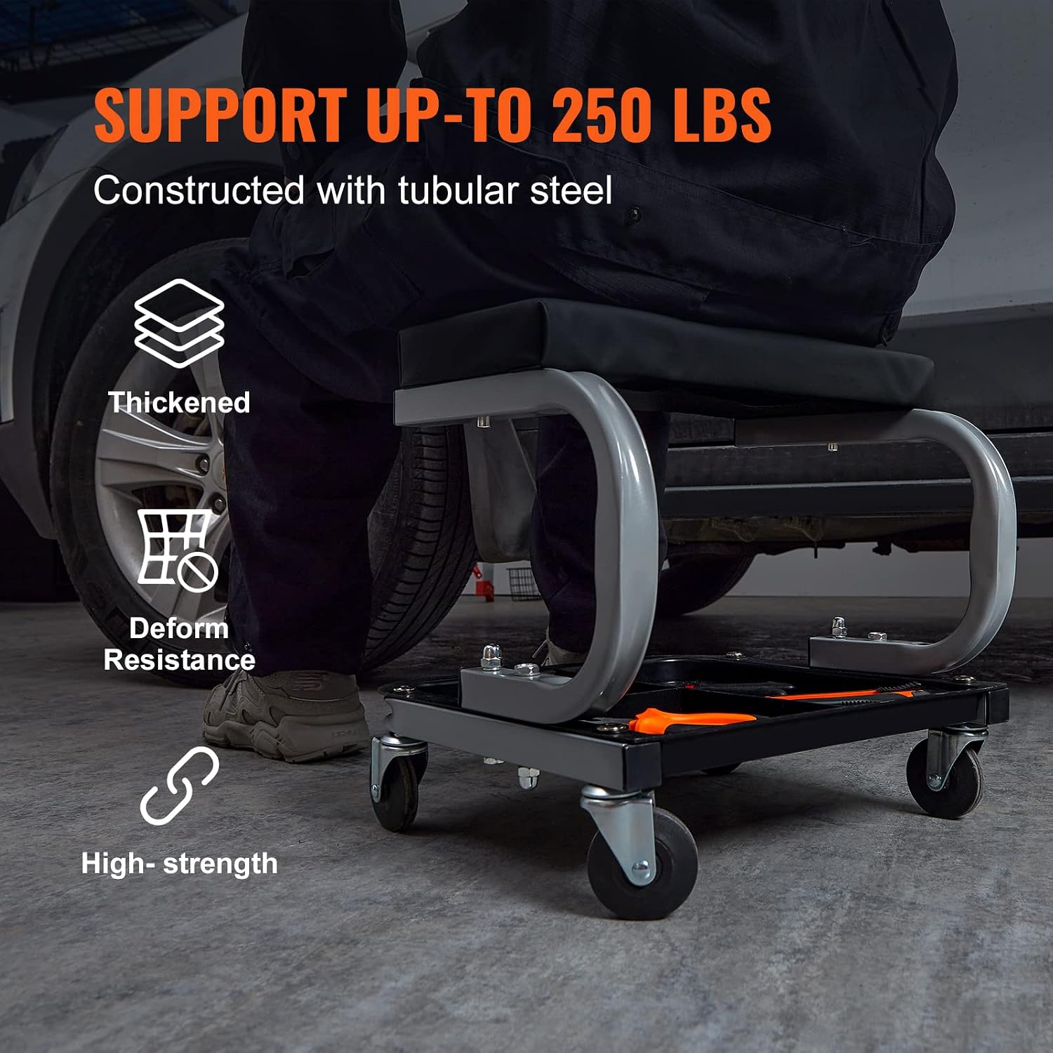 Rolling Creeper Garage/Shop Seat, 250 LBS Capacity Padded Rolling Workshop Stool with Tool Tray Storage, Mechanic