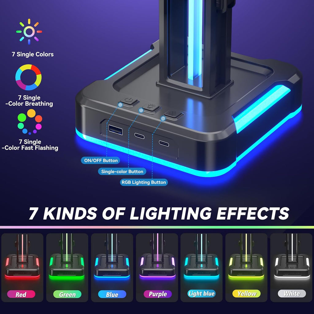 RGB Gaming Headphone and Controller Stand with 2 Type-C and 1 USB Ports | Headset Stand with 9 Light Modes, Headset