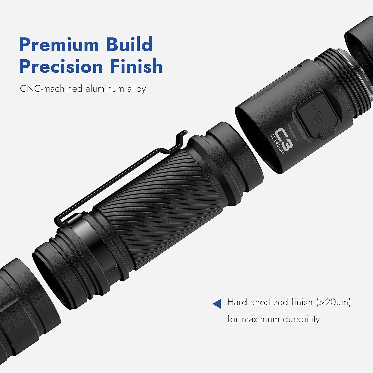 C3 Flashlight 1200 High Lumens 6 Modes Rechargeable Flashlights | Super Bright IP68 Tactical Flashlight for Camping
