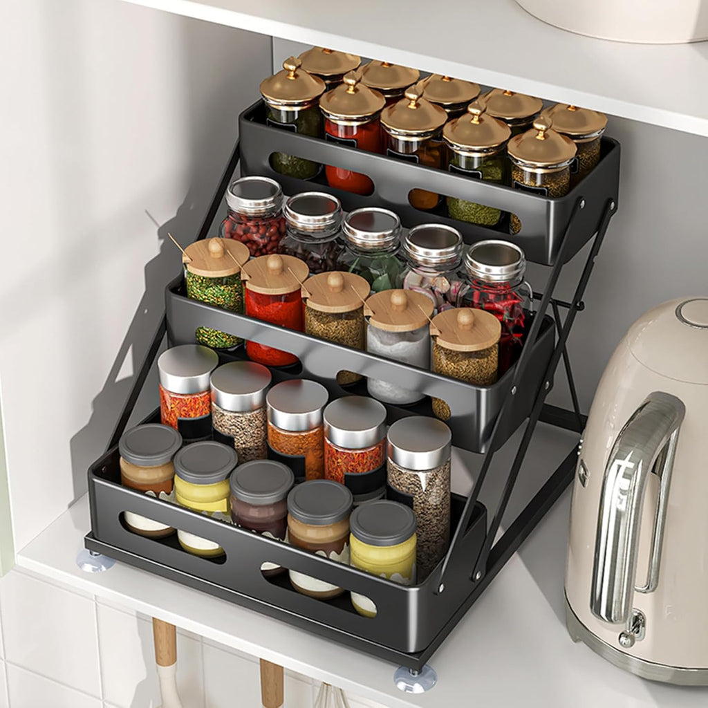 3 Tier Foldable Spice Rack, Black | Iron
