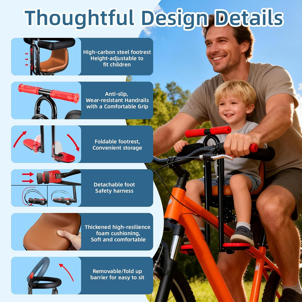 Front Mounted Child Bike Seat for Adult MTB–Interactive Toddler Bicycle Carrier with Full Guardrail,Foot Pedals &
