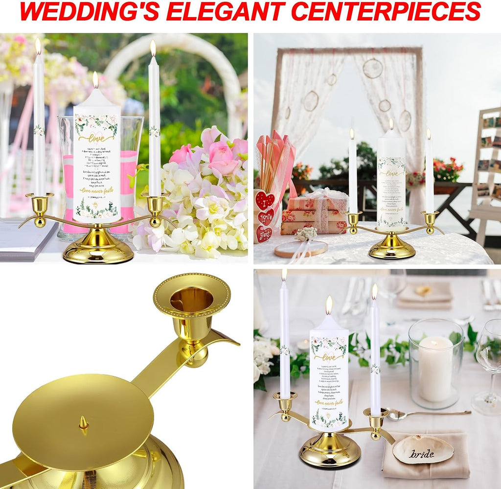3 Unity Candles for Wedding Ceremony with Golden Stands White