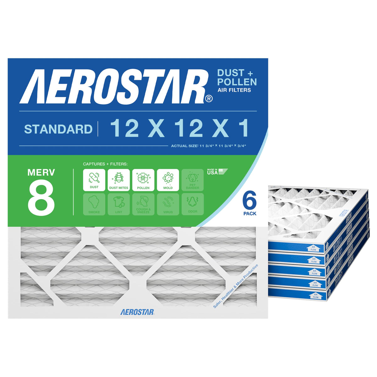 Air Filter 12x12x1 MERV 8 AC Filter, HVAC, Furnace Filter, 6 Pack