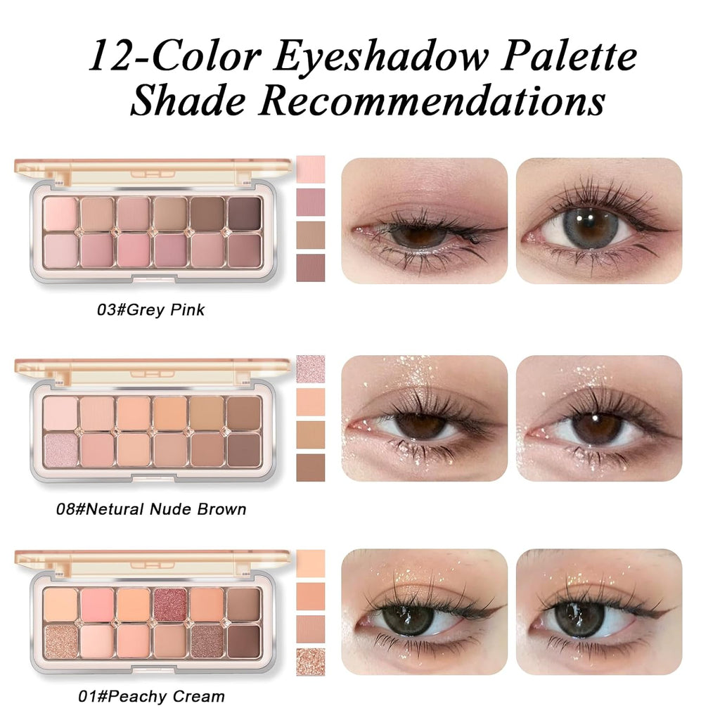 12 Colors Netural Nude Eyeshadow Palette with Brush, High Pigment Matte Shimmer Brown Eye Shadow, Netural Eyes