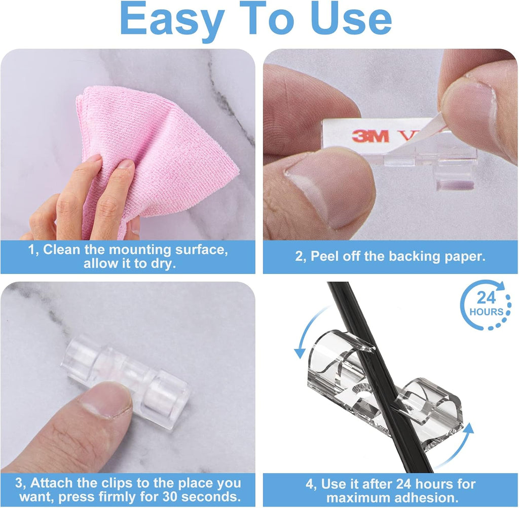Adhesive Cable Clips Clear (40PCS, M), Upgraded Wire Holders for Wall, Strong Cord Organizer Under Desk, Car, PC
