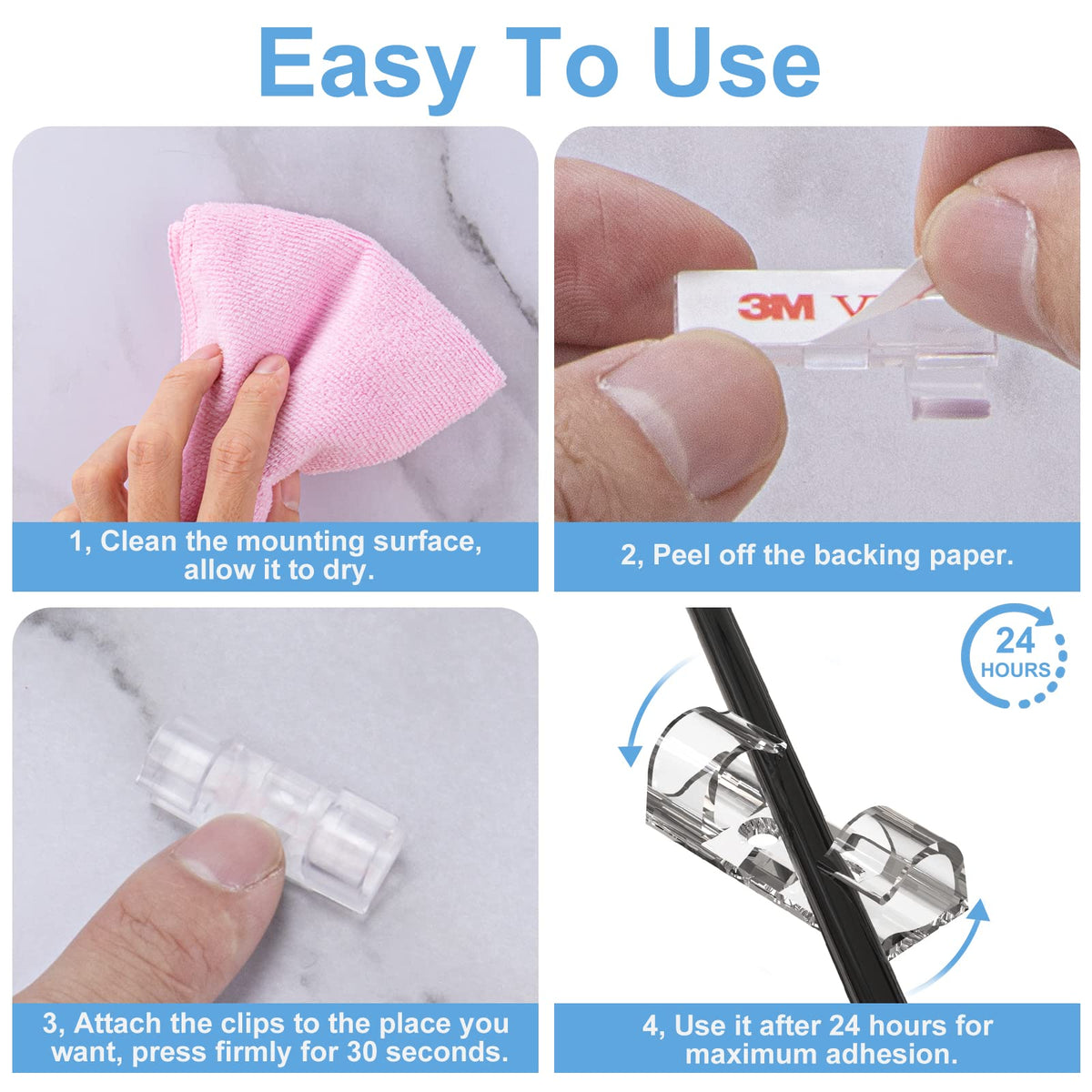 TidyHelper Adhesive Cable Clips Clear (60PCS, M), Indoor/Outdoor