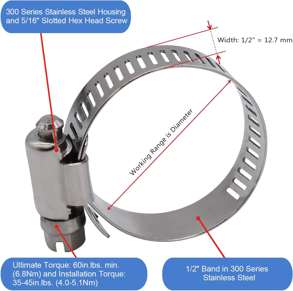 1.5" Hose Clamp Full Stainless Steel 27mm - 51mm,10 Pack | 1.5 hose clamp worm gear - SAE 24 Size, Full Stainless