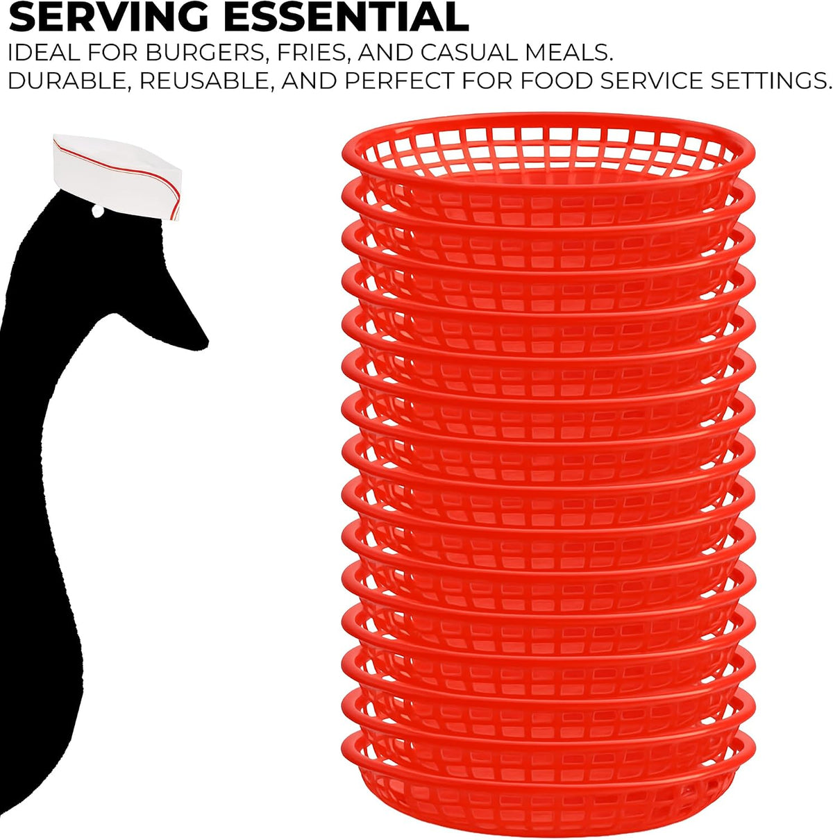 Reusable Plastic Oval Food Baskets, Red, 6 Pack