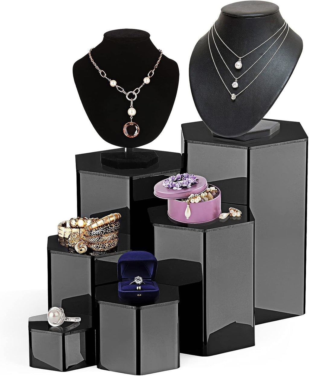 6 Pcs Hexagonal Jewelry Display Risers Acrylic Stands,Black | 6 Size, Hexagonal Market Display Risers, Acrylic