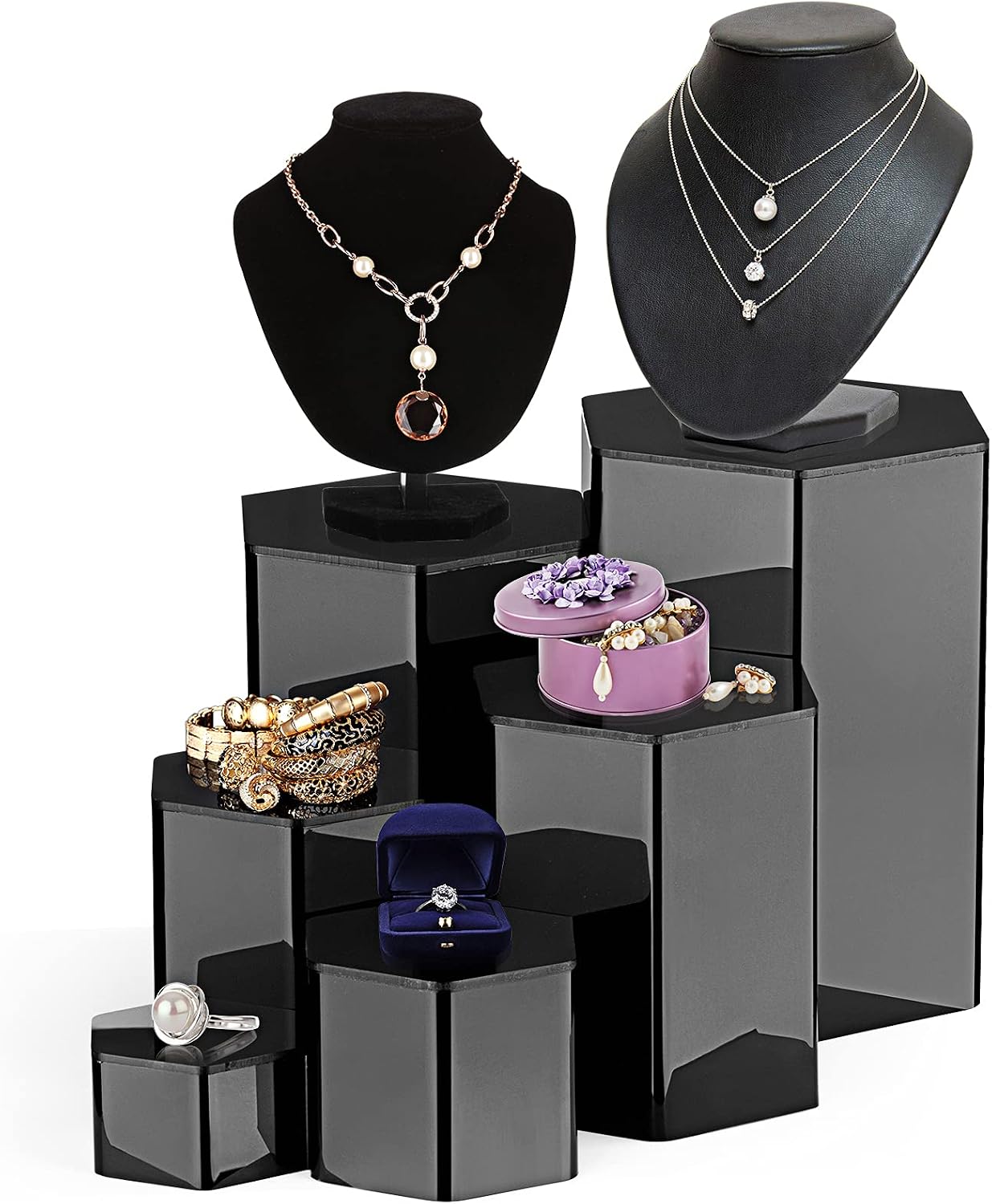 6 Pcs Hexagonal Jewelry Display Risers Acrylic Stands,Black | 6 Size, Hexagonal Market Display Risers, Acrylic