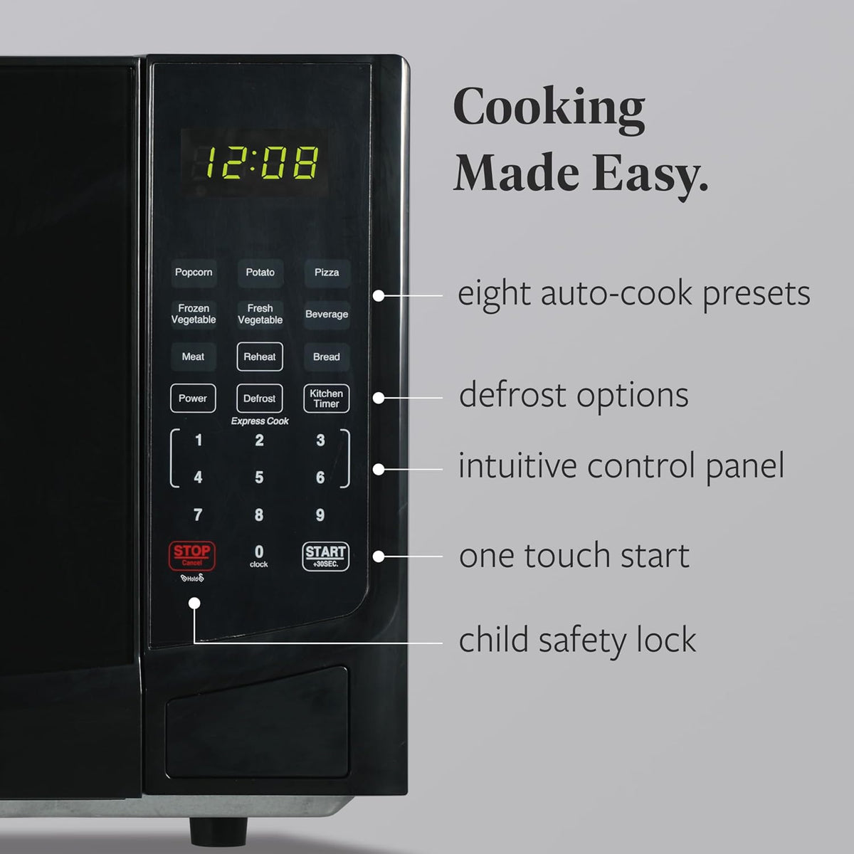 0.9 Cu. Ft. Black Microwave Oven, 900W with LED Display, 10 Power Levels, 8 Auto-Cook Presets, Express Cooking & Defrost