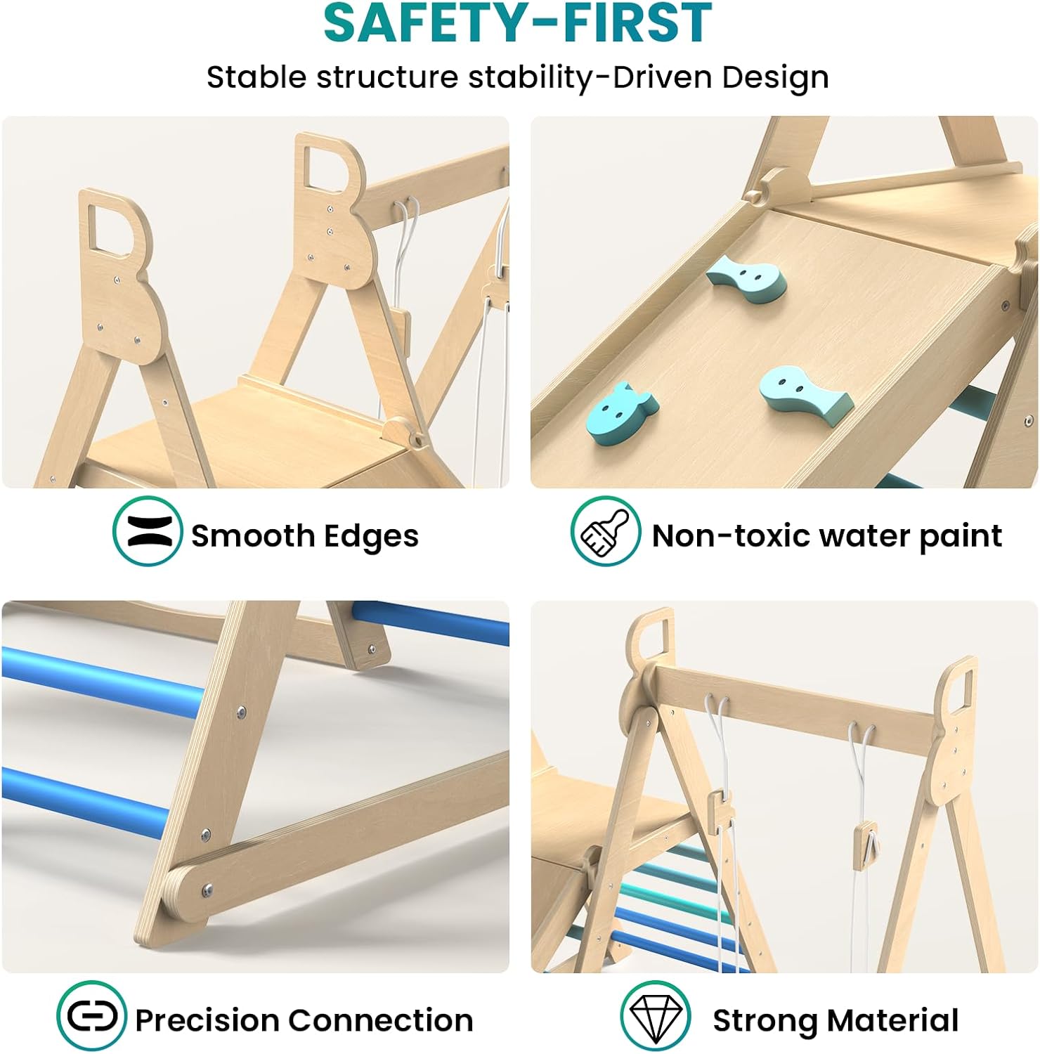 4 in 1 Indoor Jungle Gym, Foldable Wooden Climbing Set with Swing, Slide, Ladder and Climbing Wall, Montessori