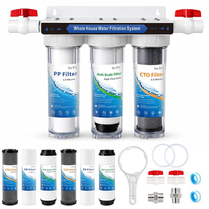 3-Stage Whole House Water Filter System, Extra 2 Sets of Filters, Reduces Chlorine Odor and Heavy Metals, Improves