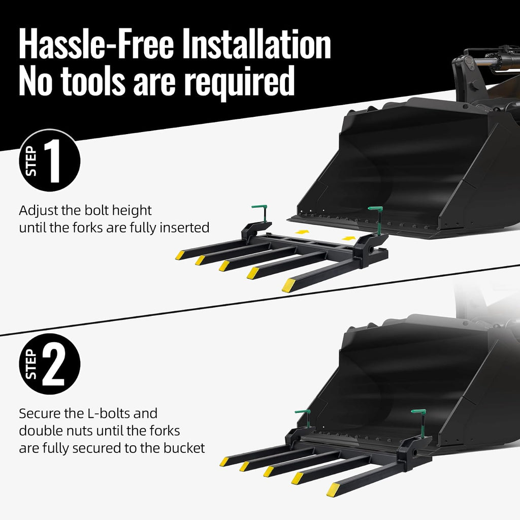 48 Inch Heavy-Duty Clamp-On Pallet Forks with 2500 lb Capacity Attachments, Designed to Fit Loader Buckets, Skid