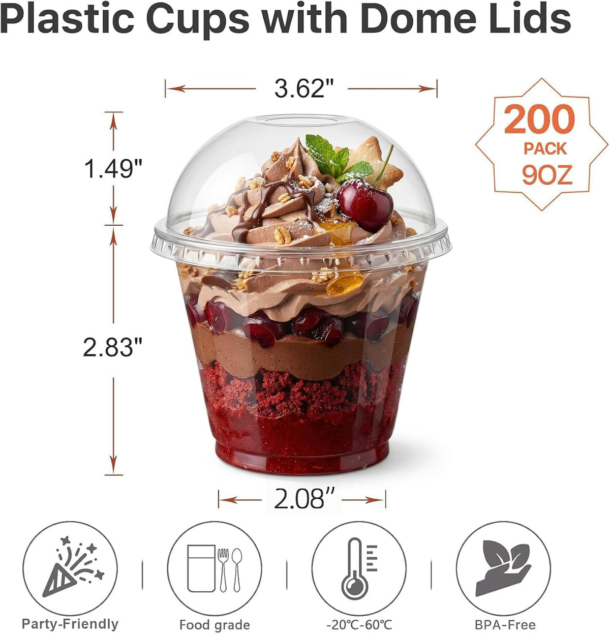 200 Pack 9oz Clear Plastic Cups with Dome Lids, Dessert Fruit Cups