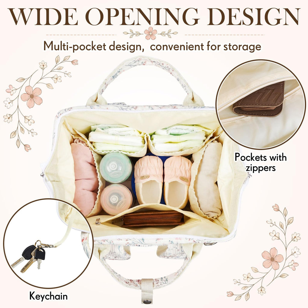 Light White Floral Diaper Bag Backpack Mom Cute Diaper Bag