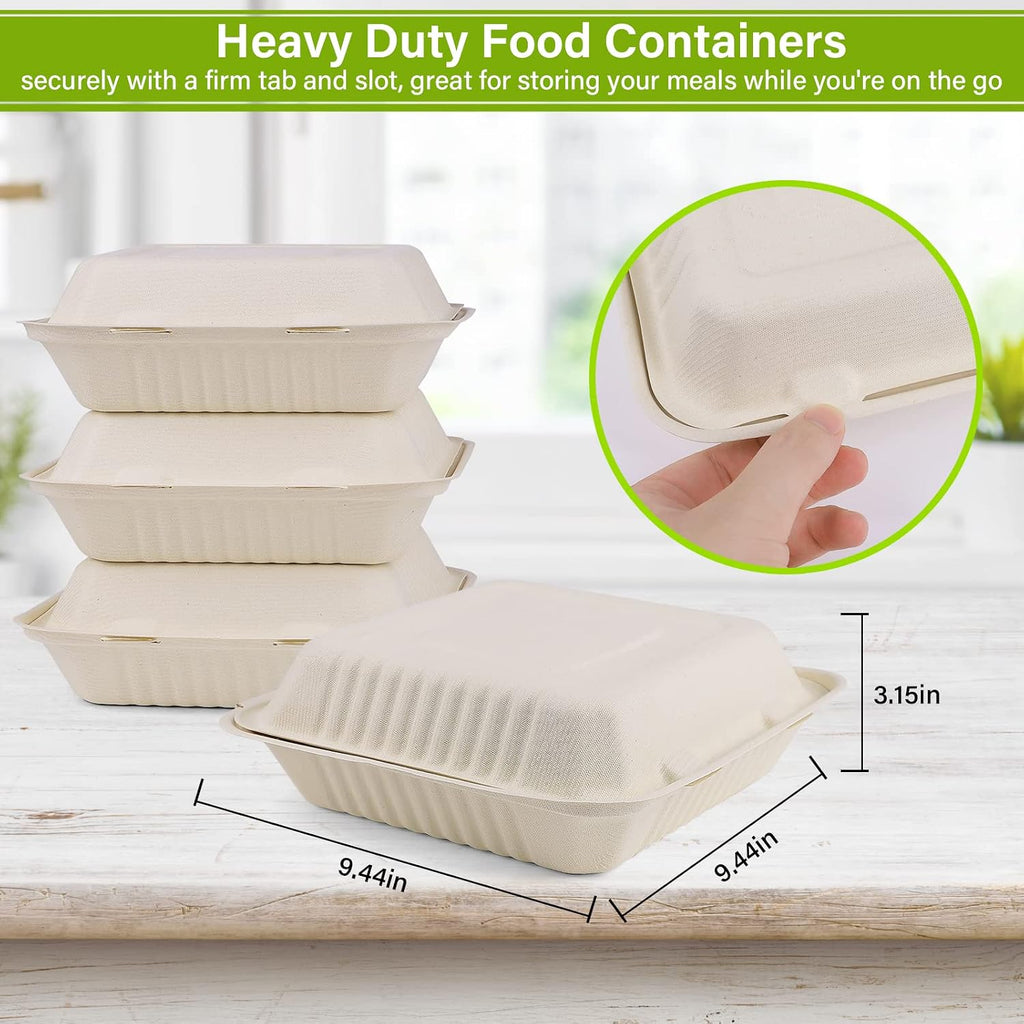 9X9 Compostable Clamshell Take Out Food Container 100 Pack