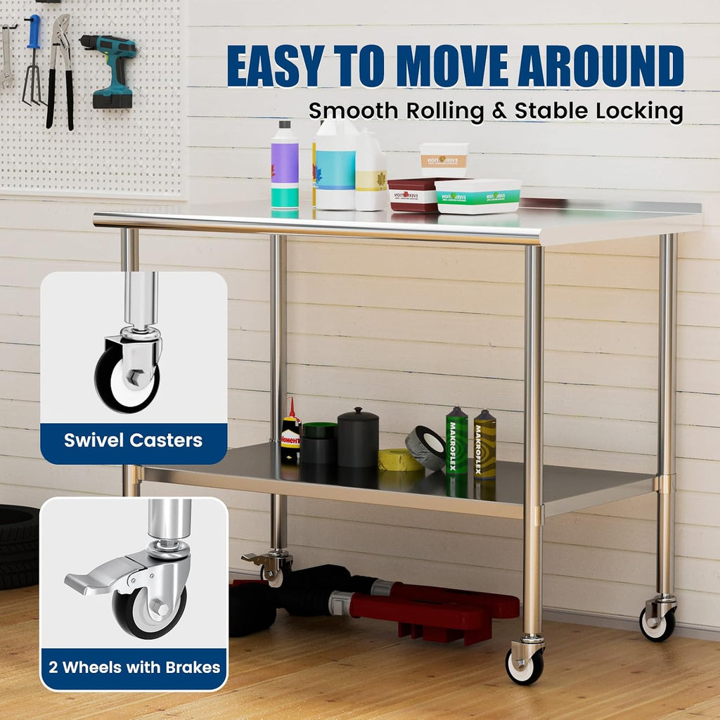 Stainless Steel Work Table with Wheels & Backsplash, 30x60 Inch