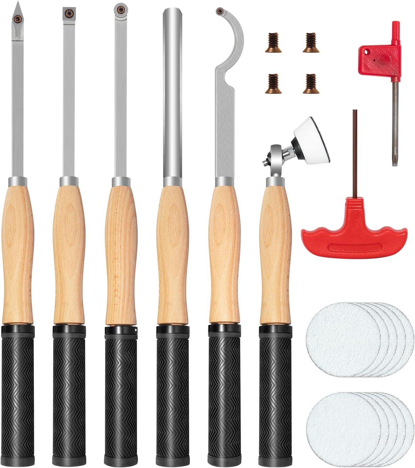 6-Pack Carbide Wood Lathe Turning Tools Set with Bowl Sander | Includes Swan Neck Hollowing Tool, Roughing Gouge