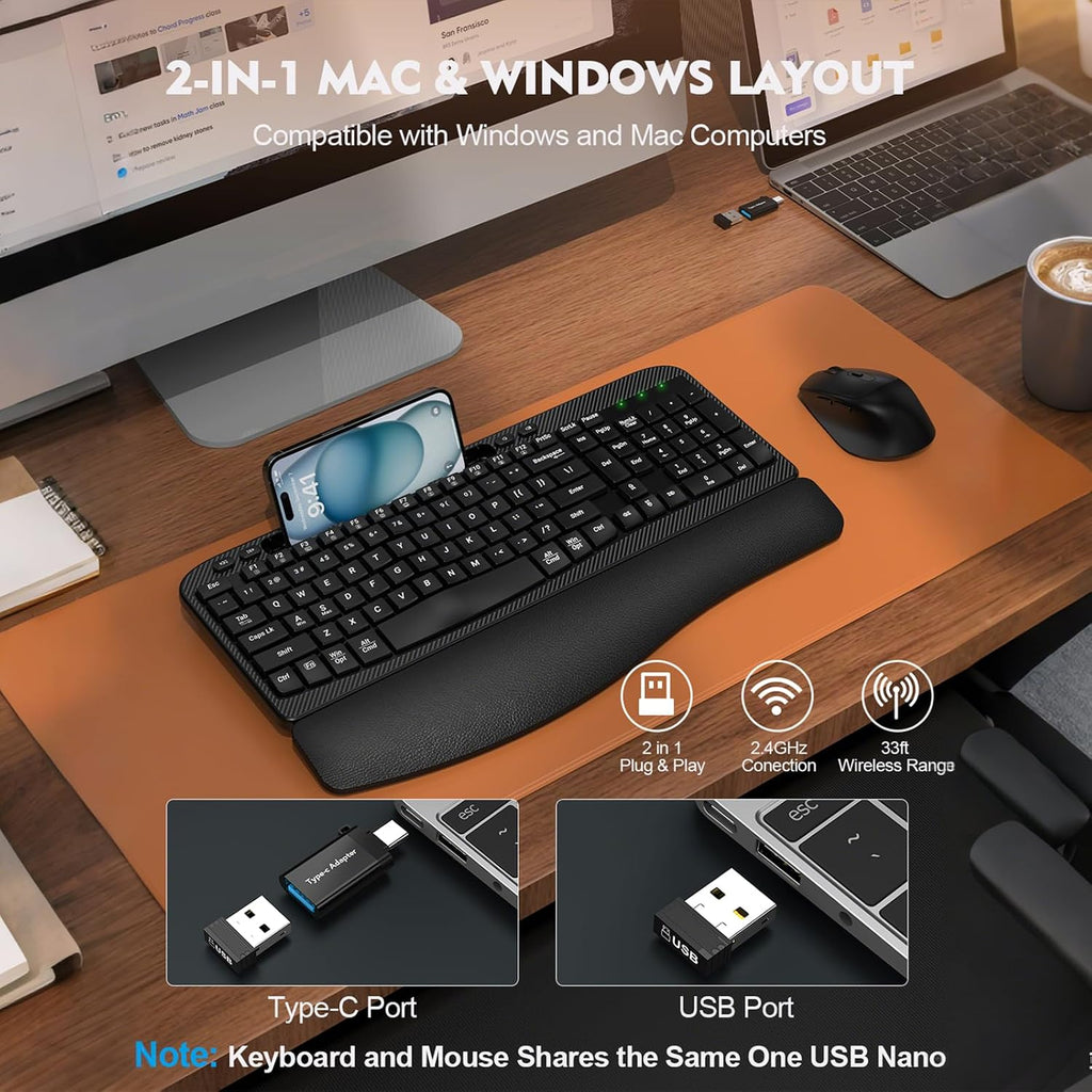 Wireless Keyboard and Mouse Combo, Full-Sized Ergonomic Wave Keys Keyboard with Memory Foam Wrist Rest & Phone