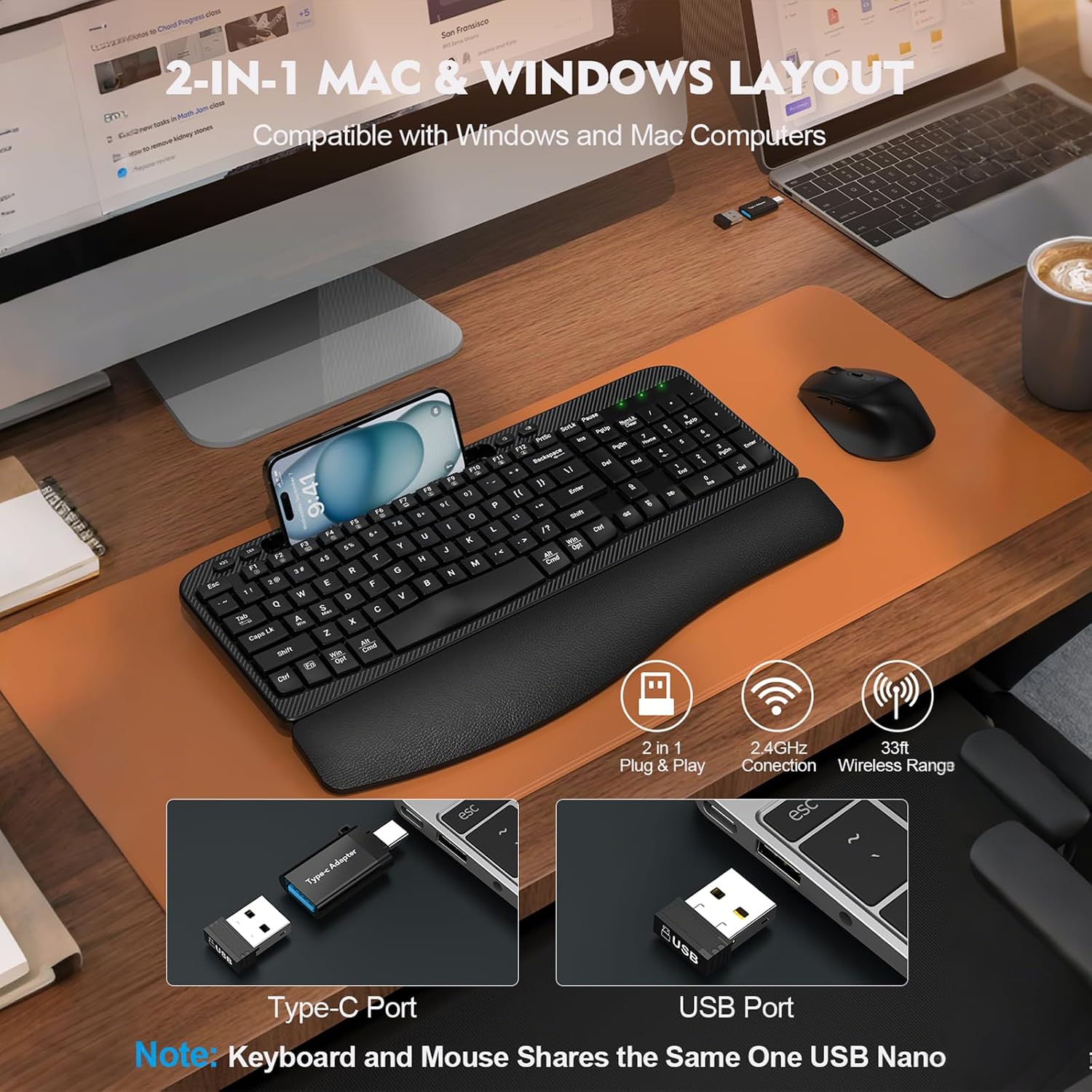 Wireless Keyboard and Mouse Combo, Full-Sized Ergonomic Wave Keys Keyboard with Memory Foam Wrist Rest & Phone