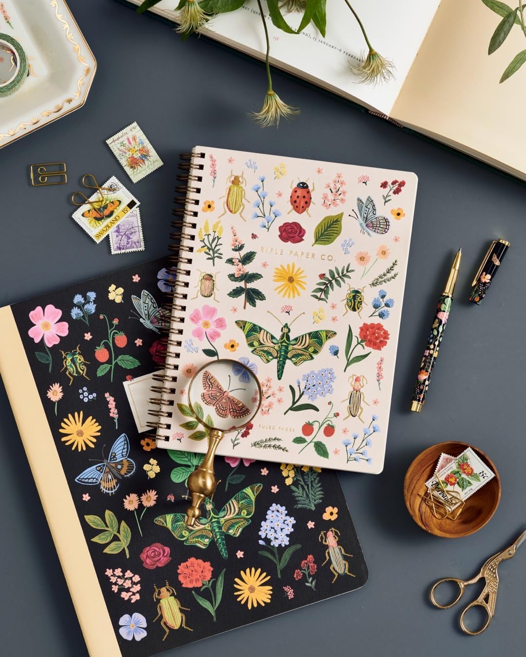 Spiral Notebook | 150 Ruled Pages, Inner Storage Pocket Folders, Double-Spiral Binding, Metallic Gold Foil Accents