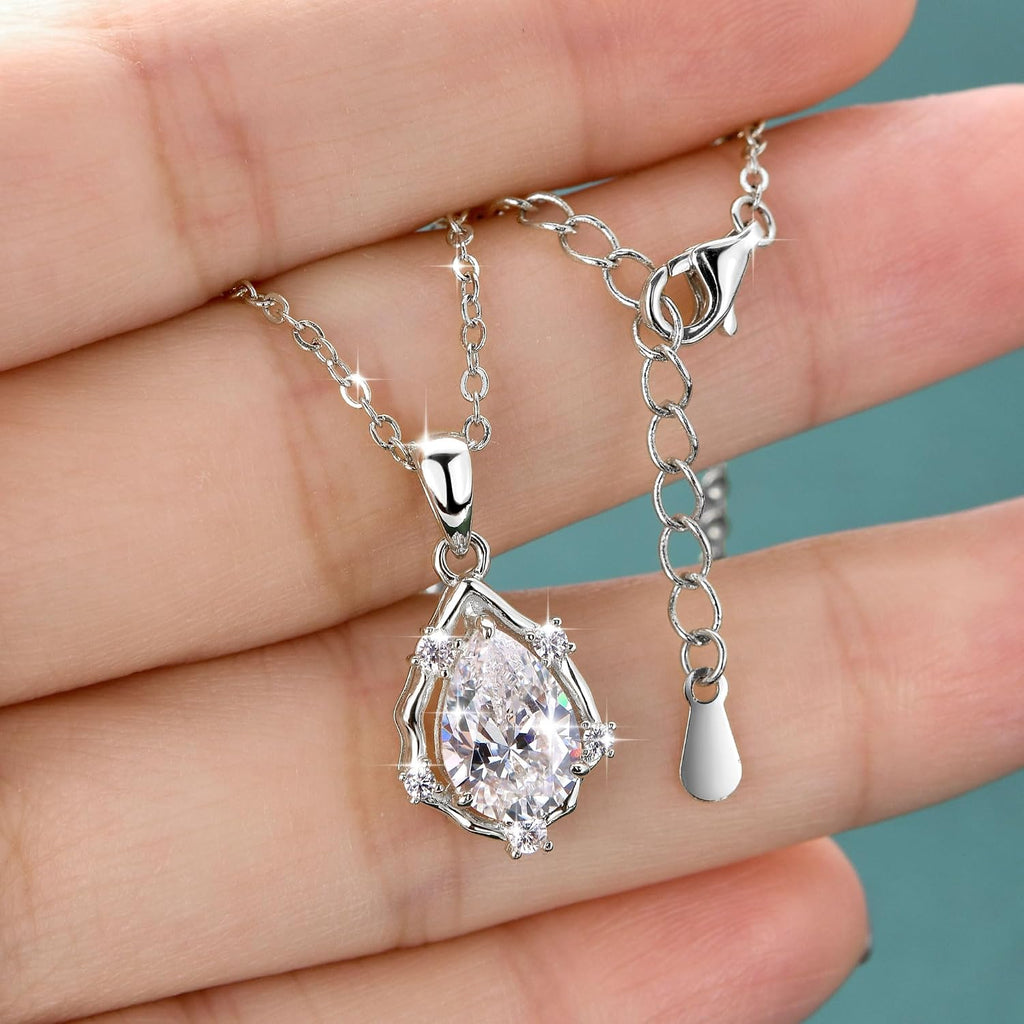 Pendant Necklace for Women, 5A Cubic Zirconia Solitaire Silver Necklace for Women, CZ Vintage Teardrop Pendant 18"+2"