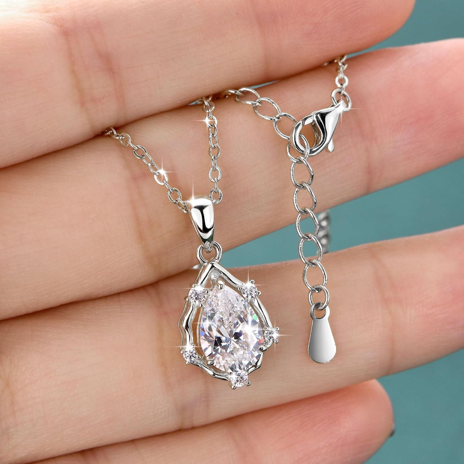 Pendant Necklace for Women, 5A Cubic Zirconia Solitaire Silver Necklace for Women, CZ Vintage Teardrop Pendant 18"+2"