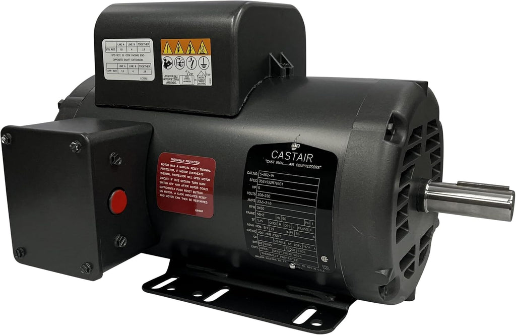 BALDOR 5HP AIR COMPRESSOR ELECTRIC MOTOR, 56HZ FRAME, 3450RPM, 208/230V, SINGLE-PHASE, 7/8" SHAFT, 1.15 SERVICE FACTOR MADE IN USA