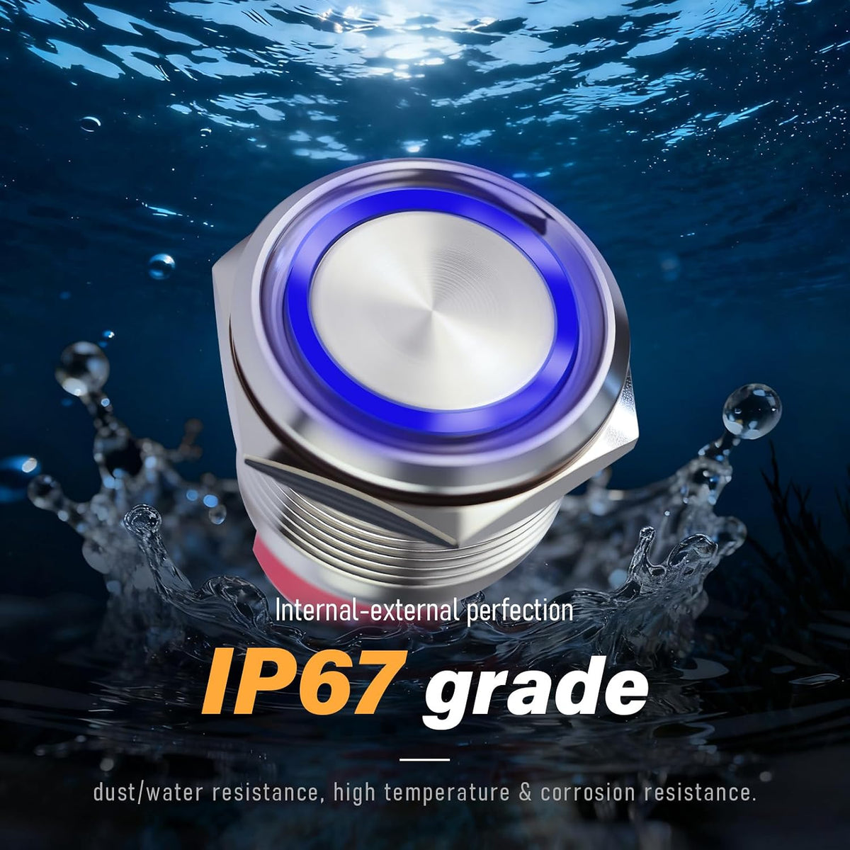 15Amp momentary Push Button Switch，22mm(0.866") 12V-24V Push Button Switch AC/DC IP67 Waterproof LED Angel Eye Light On and Off with Wire Socket