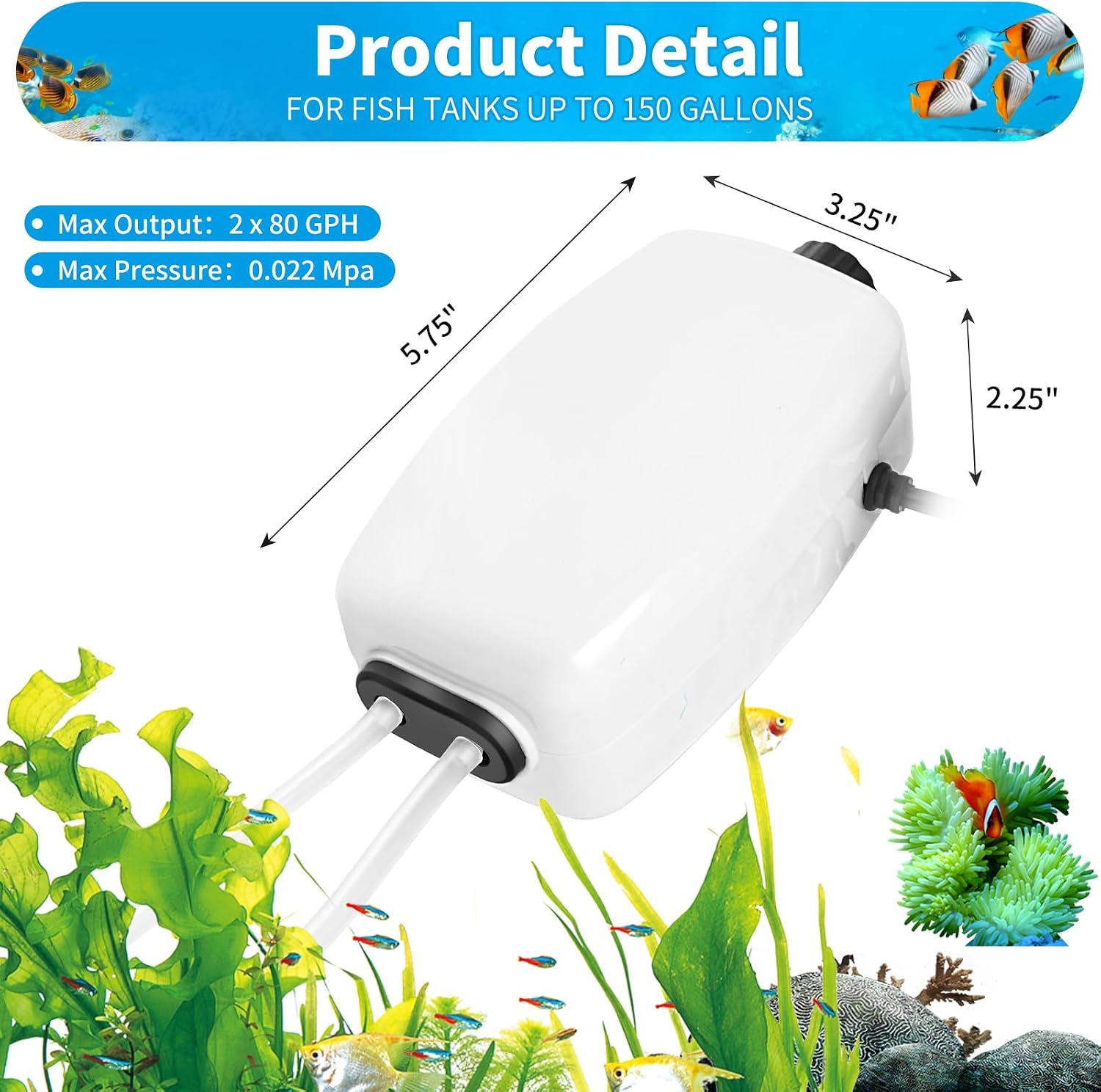 Aquarium Air Pump for 20-210 Gallon Tank, Fish Air Bubbler, Hydroponic Oxygen Aerator with Stones, Airline Tubing