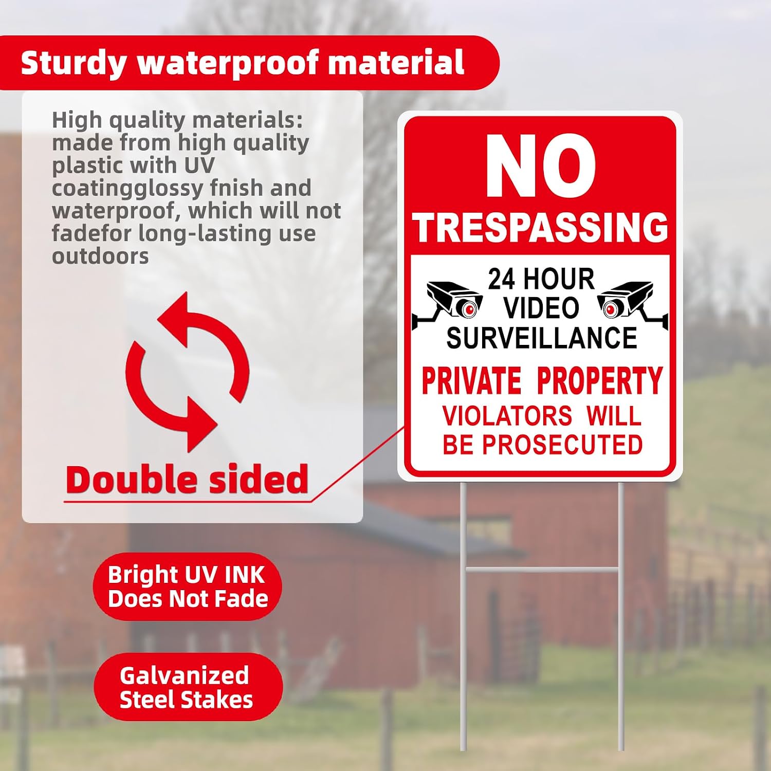 NO Trespassing Signs Private Property Video Surveillance Sign, Large 4-Pack 13"x10" Double-Sided Signs, Corrugated