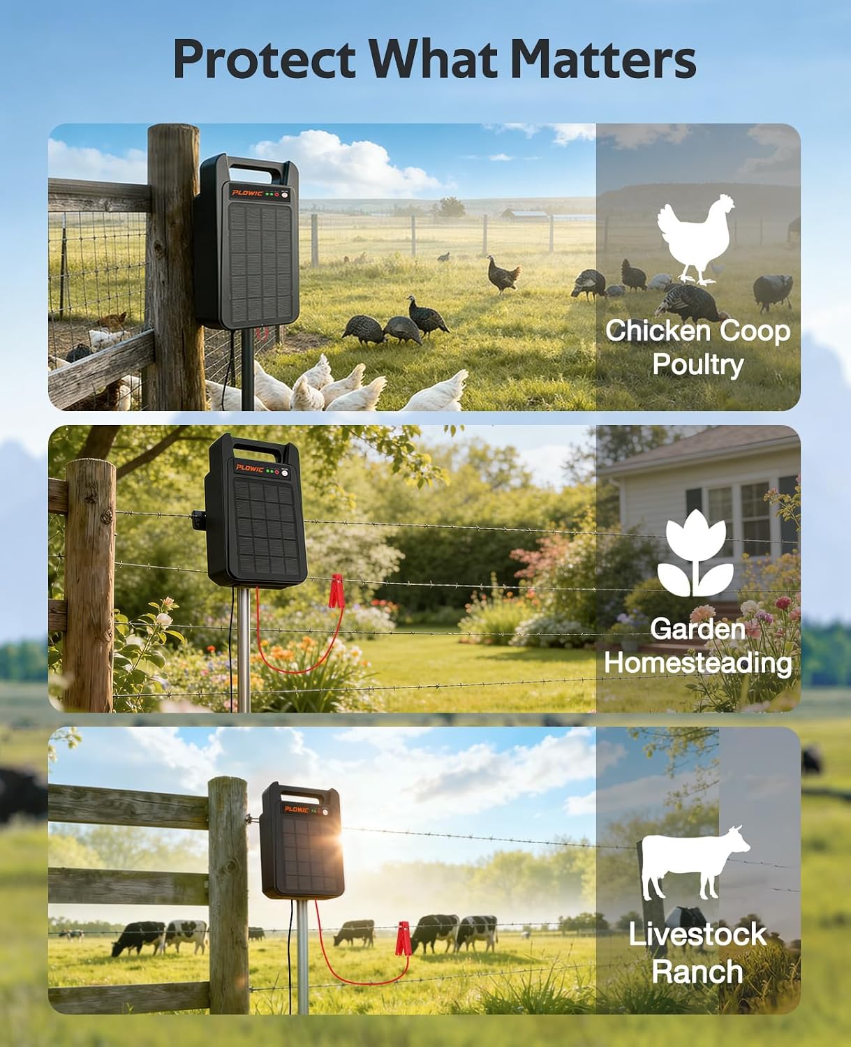 Solar Electric Fence Charger 10 Miles, 0.20J Solar Powered Fence Energizer with Rechargeable 10400mAh Battery