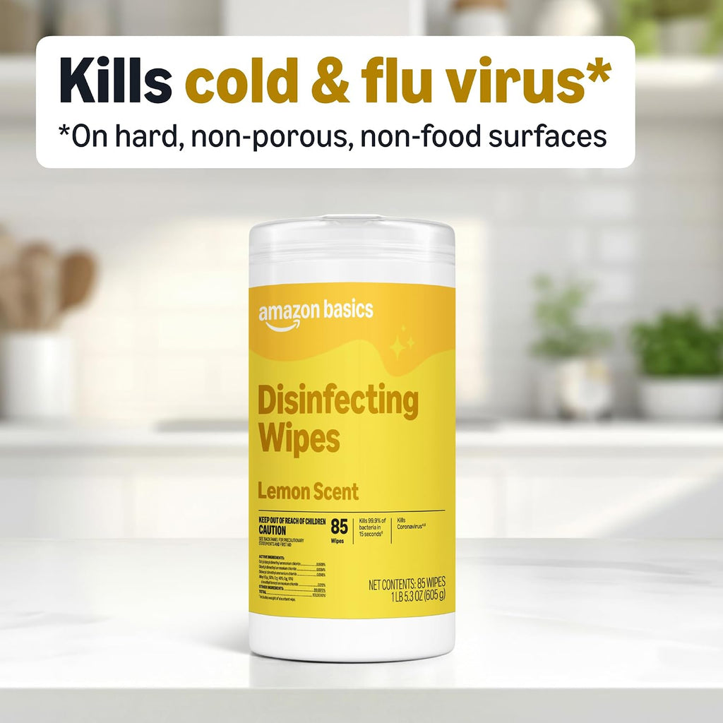 Amazon Basics Disinfecting Wipes, Lemon Scent, for Sanitizing, Cleaning & Deodorizing, 255 Count (3 Packs of 85)