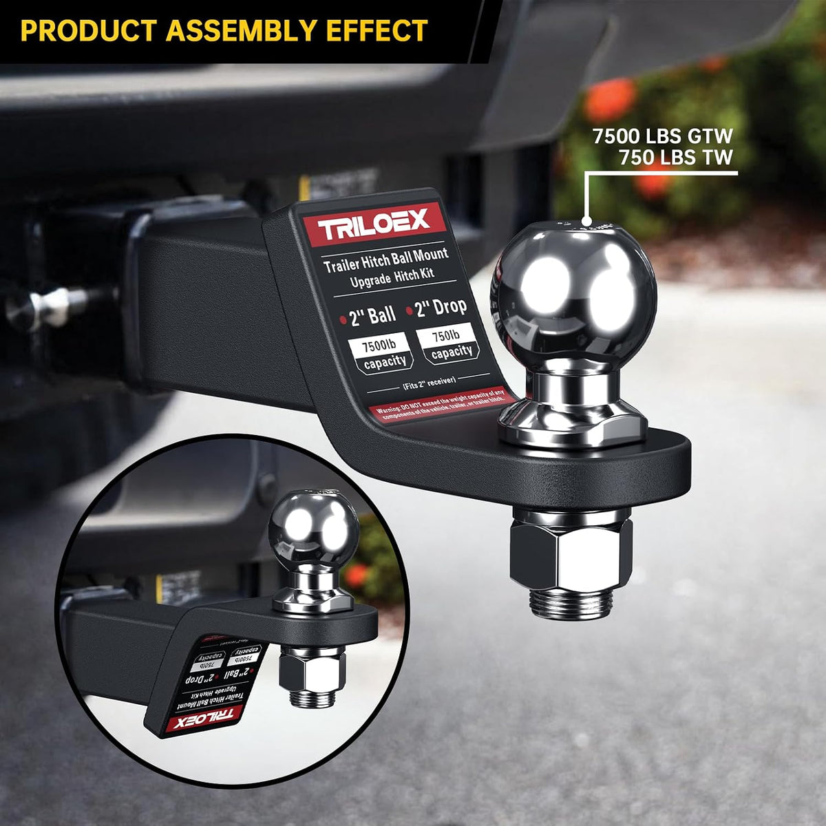 Trailer Hitch Ball Mount with 2-Inch Ball, Fits 2-in Receiver, 7,500 lbs, 2" Drop, Includes 5/8” Screw-in Hitch Pin