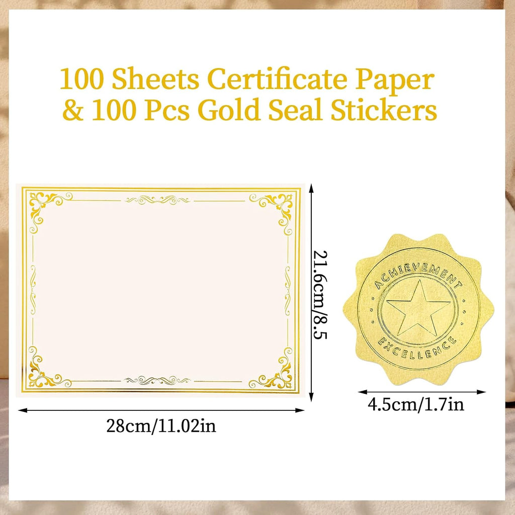 100 Sheets Certificate Paper with 100 Pcs Gold Seal Stickers, 8.5 × 11'' Printable Award Certificates for Graduation