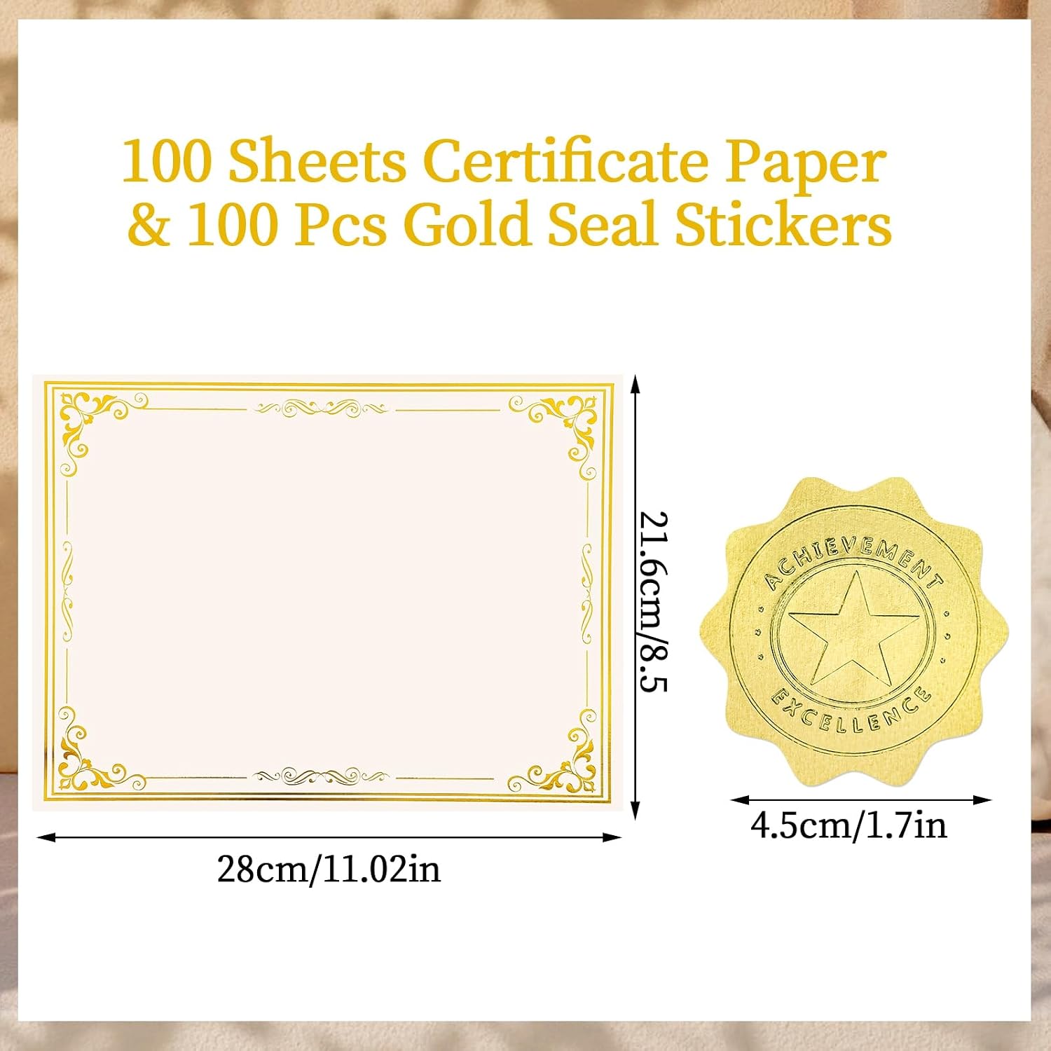 100 Sheets Certificate Paper with 100 Pcs Gold Seal Stickers, 8.5 × 11'' Printable Award Certificates for Graduation