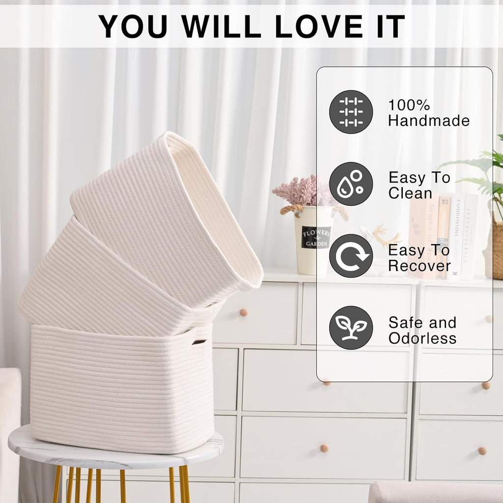 Storage Baskets for Organizing Shelves, Woven Cotton Rope Bins for Baby Nursery Organization, Book Toy Towel
