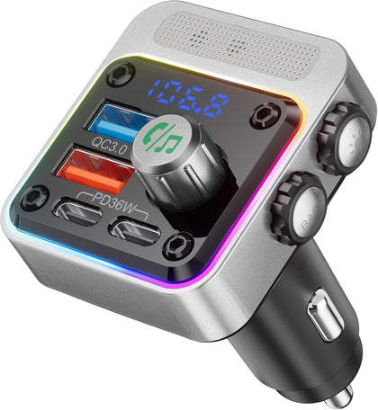 54W Bluetooth 5.3 Car Adapter, FM Transmitter 4-Port Fast Charging | Wireless FM Radio Music Player with Deep Bass, 5